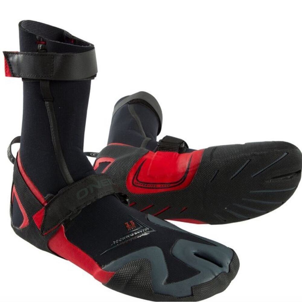 NIB O’NEILL PSYCHOFREAK SPLIT TOE 3.5MM BLACK & RED WETSUIT SWIM BOOTS. SIZE 12